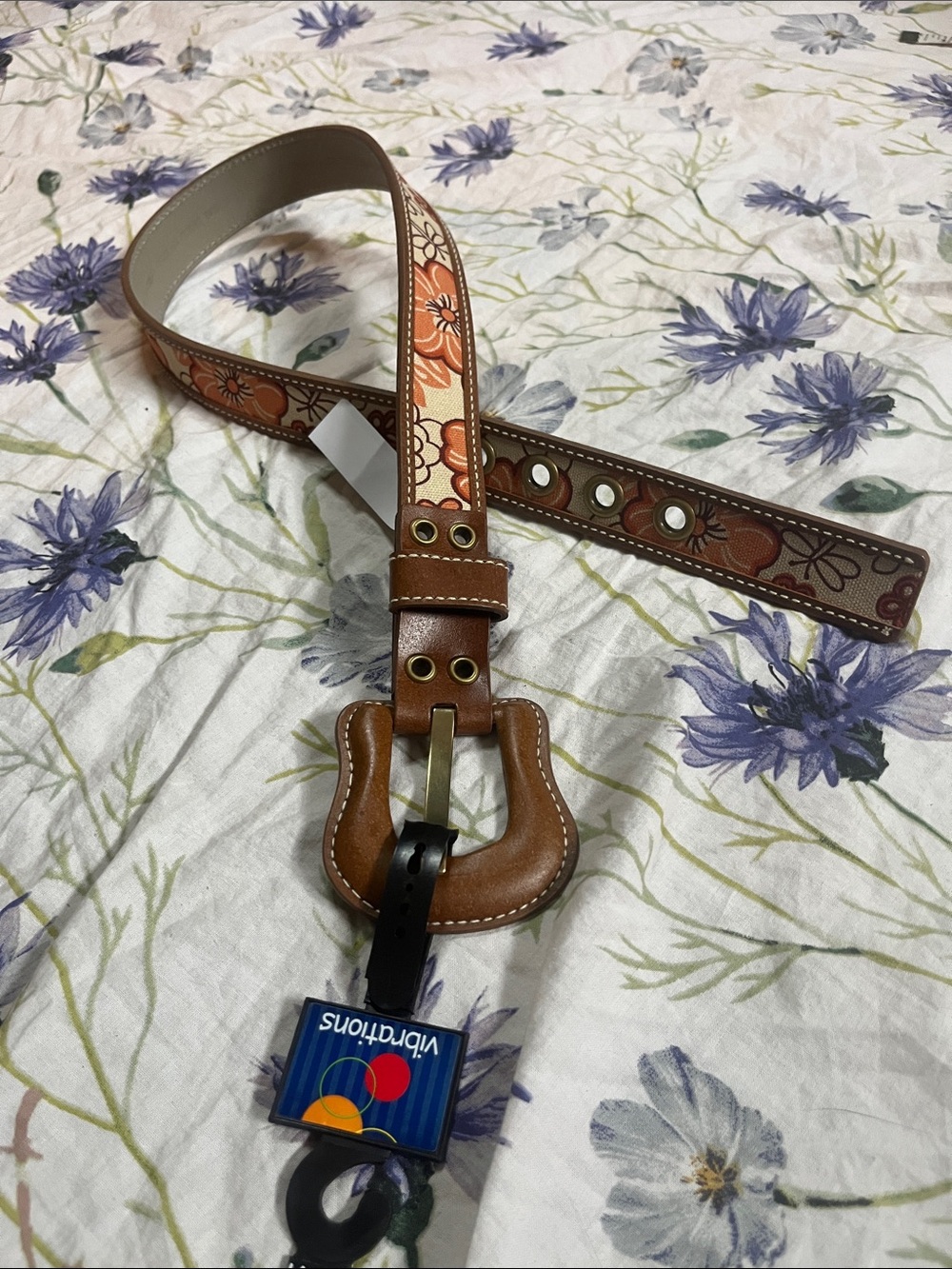 Vibrations Boho Brown Floral Embossed Belt Womens/Juniors XS/S Orange Inlay NWT